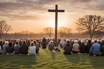 A peaceful outdoor easter service at sunrise with a congregation gathered around a cross in a field, Ai Generated