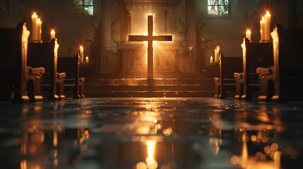 A silver Holy Cross reflecting candlelight in a quiet, dimly lit chapel. .