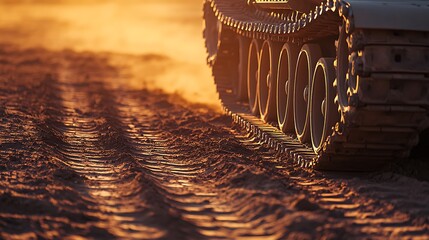 Close-Up View of Tank Tracks on Dusty Terrain in Warm Sunset Light Captured with Telephoto Lens