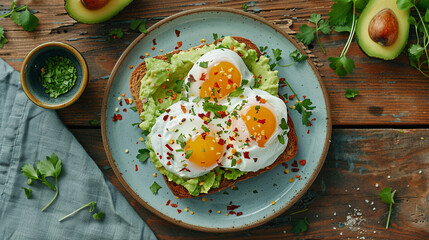 Wall Mural - A flat lay of a plate of avocado toast topped with poached eggs and a sprinkle of red pepper flakes, placed on the right side of a wooden table, with a clean copy space on the left.