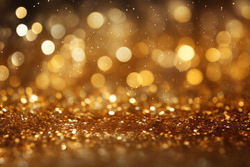 Golden light shine particles bokeh on black background. Holiday concept.