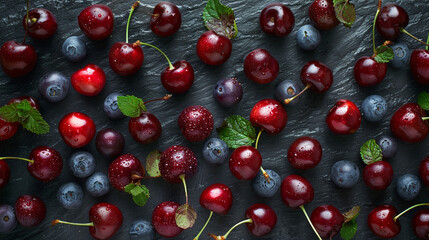 A flat lay of a variety of fresh cherries and grapes spread out evenly on a dark slate surface, with a few mint leaves scattered around for garnish.