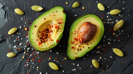 Wall Mural - A flat lay of halved avocados, with one half showing the seed and the other filled with a sprinkle of sea salt and chili flakes, arranged on a dark slate surface.