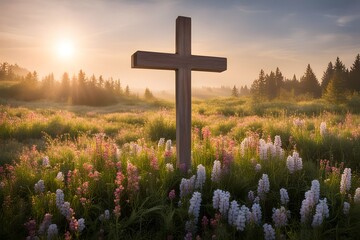 Wall Mural - A serene easter scene with a wooden cross on a hill overlooking a blooming meadow, Ai Generated