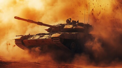 Fierce Desert Tank Battle - Captivating Dust Clouds and Dramatic Lighting in Telephoto View