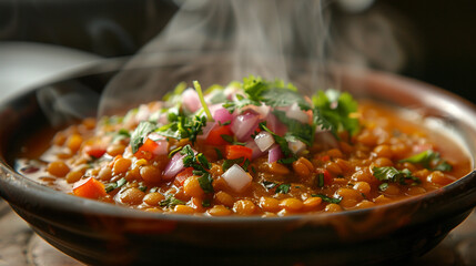 Canvas Print - A high-definition close-up of a bowl of cooked lentils with finely chopped onions, tomatoes, and coriander sprinkled on top. The steam is gently rising, adding a sense of warmth and freshness.