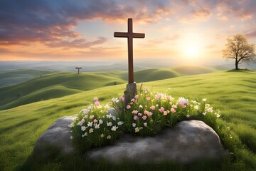 Wall Mural - A serene easter scene with a wooden cross on a hill overlooking a blooming meadow, Ai Generated