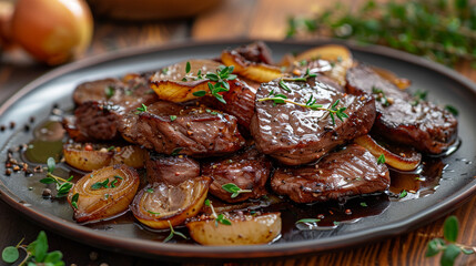 A plate of seared beef liver garnished with caramelized onions and fresh thyme, served on a rustic wooden table. The rich brown color of the liver contrasts with the golden onions and green herbs.