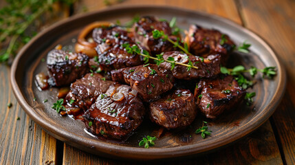 Canvas Print - A plate of seared beef liver garnished with caramelized onions and fresh thyme, served on a rustic wooden table. The rich brown color of the liver contrasts with the golden onions and green herbs.