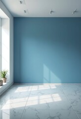 Sticker - Modern interior design of apartment, empty living room with blank blue wall