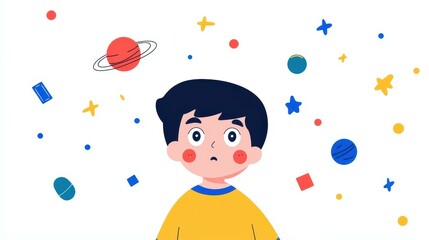 A whimsical child gazes at colorful planets and stars in a bright, flat design, perfect for a playful animation scene.