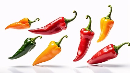 Six colorful chili peppers in mid-air, isolated on a white background.