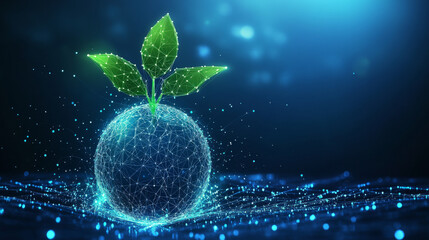 An abstract sprouting plant growing on an Earth globe, symbolizing eco-friendly and sustainable development. Set against a blue futuristic background, this illustration is depicted in a low poly.