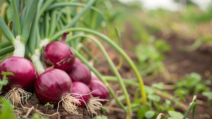 07231249 357. Close-up of red onions in a Bangladeshi field, showcasing the rich color of the shallots and the lush green foliage in a natural setting