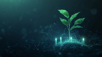 Economy growth or investment concept featuring one sprouting plant alongside candlesticks. Presented on a dark blue background, this abstract digital illustration uses a low poly wireframe style.