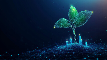 Economy growth or investment concept featuring one sprouting plant alongside candlesticks. Presented on a dark blue background, this abstract digital illustration uses a low poly wireframe style.