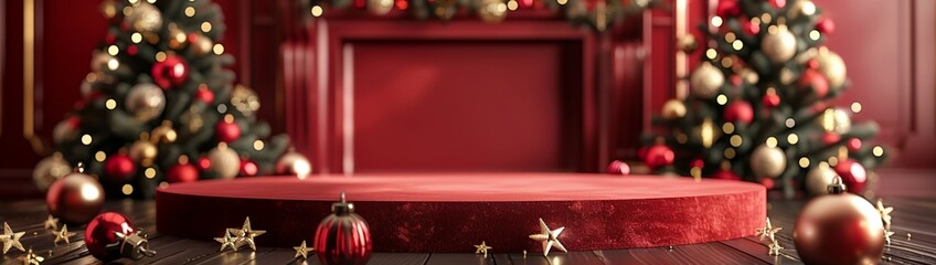 Poster - A vibrant red podium with a velvet finish, decorated with gold stars and baubles. 