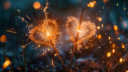 Sticker - A close-up of a pair of intertwined heart-shaped sparklers glowing brightly against a dark background. The sparks illuminate the surrounding area with a warm golden light.