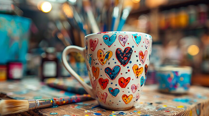 A DIY personalized mug with a heart design being painted with ceramic markers, placed on a table with paints, brushes, and other crafting supplies, ready to be baked in the oven.