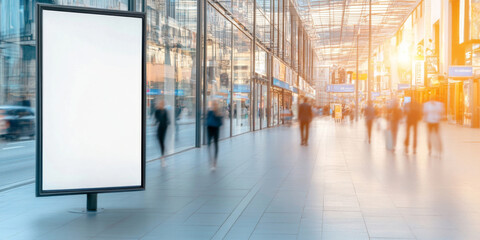 Busy urban street at sunset with a blank advertisement panel and defocused people walking by in a modern commercial district