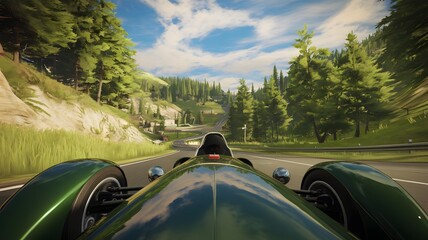 Classic open wheel car racing on winding countryside track with lush greenery