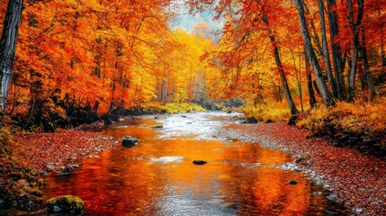 Sticker - Autumn Forest River with Colorful Fall Foliage and Reflection