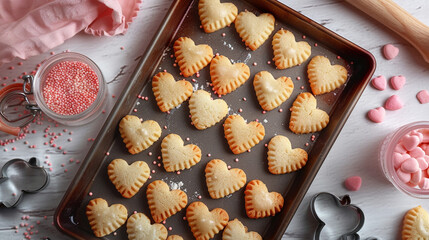 Wall Mural - A flat lay of miniature heart-shaped cookies on a tiny baking tray, with a small rolling pin, cookie cutters, and a miniature jar of sprinkles nearby.