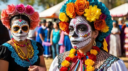 Vibrant day of the dead celebration with traditional costumes