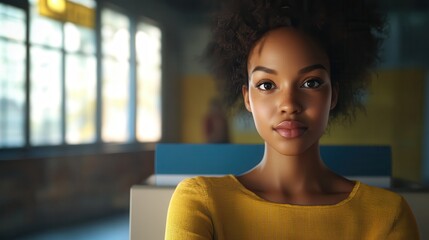 Portrait of a confident young woman with natural hair in a cozy indoor setting, wearing a bright yellow sweater and looking at the camera.