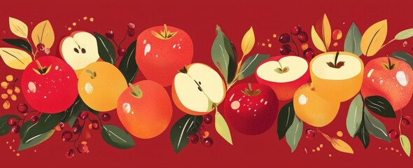 A colorful illustration of apples and pomegranates, in a flat design style with a red background. Vibrant fruits and leaves composition featuring apples and pomegranates for autumn decor