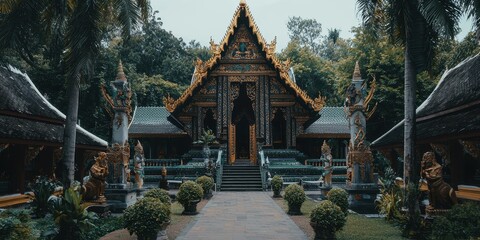 Canvas Print - Traditional Thai Temple Architecture with Golden Detail and Green Foliage