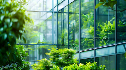 An architectural image featuring a modern glass building surrounded by lush greenery, including trees and bushes, emphasizing an eco-friendly and sustainable business design.