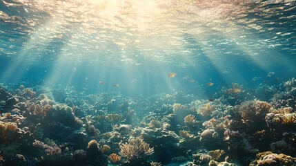 Wall Mural - Underwater Sunlight Illuminating Vibrant Coral Reef With Tropical Fish