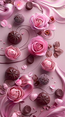 Wall Mural - An endearing design with a soft lavender background, adorned with swirling hearts, blooming roses, and elegant chocolate truffles.