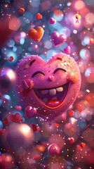 Wall Mural - A charming heart-eyed emoji with a wide grin and a pink blush, surrounded by floating hearts and sparkles.