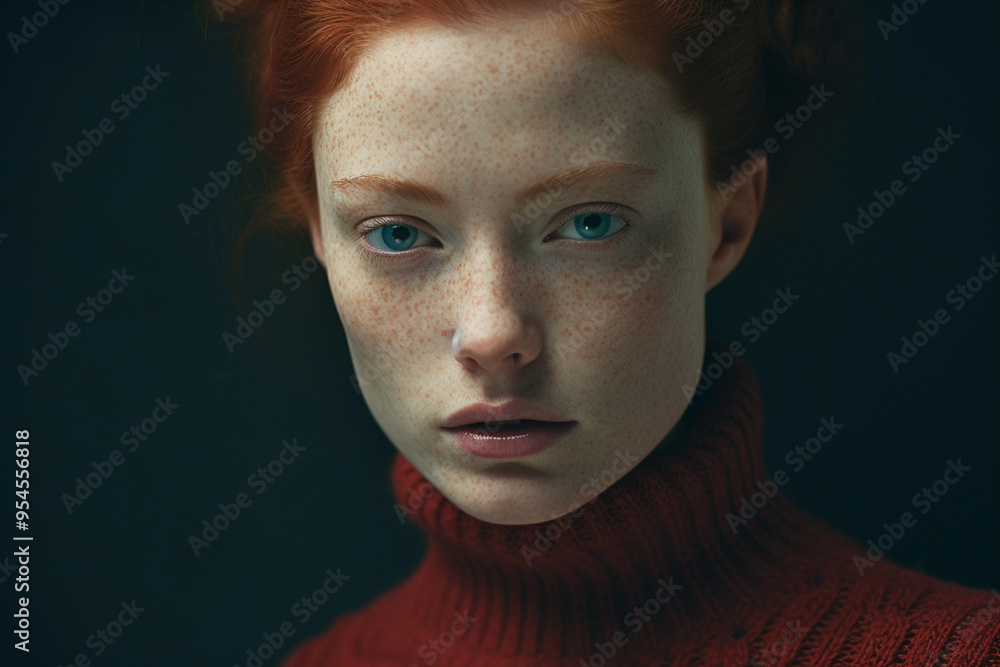 A captivating portrait of a young and beautiful woman with vibrant red ...
