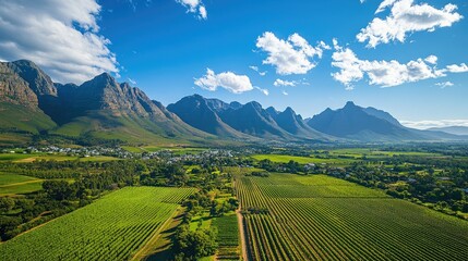 Aerial shot of the Cape Winelands, with rows of vineyards, oak trees, and the towering Hottentots Holland Mountains