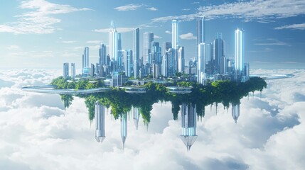 Wall Mural - Futuristic City Floating in Clouds  Modern Architecture  Fantasy Cityscape