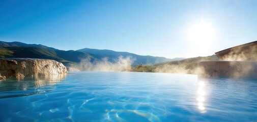 A geothermal spa resort built into a mountainside, with natural pools and geothermal vents providing heat and relaxation