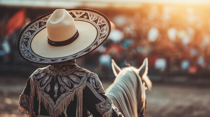 Wall Mural - A man wearing a sombrero and a black outfit is riding a white horse