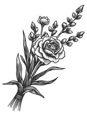 Wall Mural - rose with buds flowers and leaves, capturing the delicate beauty and elegance of floral design sketch engraving generative ai raster illustration. Scratch board imitation. Black and white image.