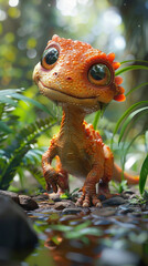 Wall Mural - A lovable 3D character resembling a tiny, friendly dinosaur with big eyes and a cheerful grin, set in a playful prehistoric jungle environment.