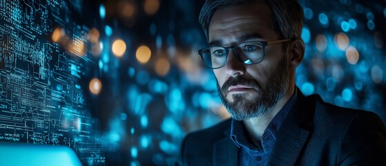 Serious Man in Glasses Looking at Digital Code