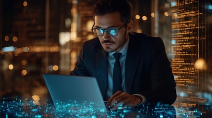 Businessman working late on laptop with digital overlay