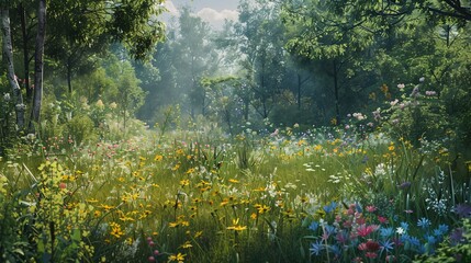 07231249 383. Wide view of a summer meadow in full bloom, featuring an array of wild flowers and tall grasses, bordered by a dense forest and capturing the essence of a peaceful summer landscape