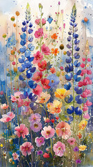 Wall Mural - A whimsical watercolor illustration of wildflowers in a meadow, with a variety of colors and shapes blending together in a lively, natural scene.