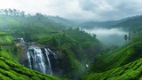 Panoramic shot of the cascading waterfalls and lush tea estates in Haputale, with mist rolling over the hills