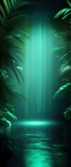 Wall Mural - Serene green waterfall surrounded by lush tropical plants, creating a tranquil and mystical atmosphere in a dense forest.