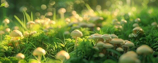 Tiny puffball mushrooms in lush green meadow, 4K hyperrealistic photo