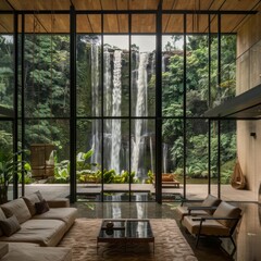 Wall Mural - expansive room with large windows looking out to a rainforest with waterfall, AI Generative